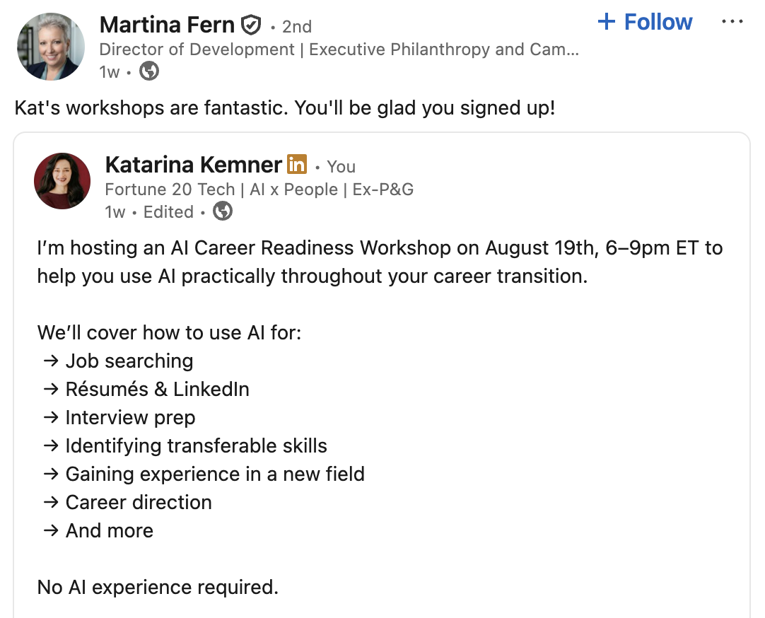 LinkedIn post from Martina Fern recommending Kat's AI Career Readiness Workshop