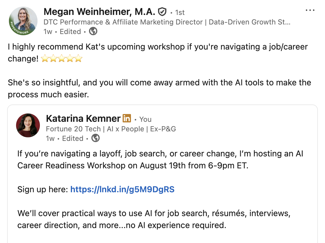 LinkedIn post from Megan Weinheimer, M.A. recommending Kat's AI Career Readiness Workshop